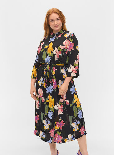 Printed midi dress with 3/4 sleeves, Big Flower AOP, Model image number 0