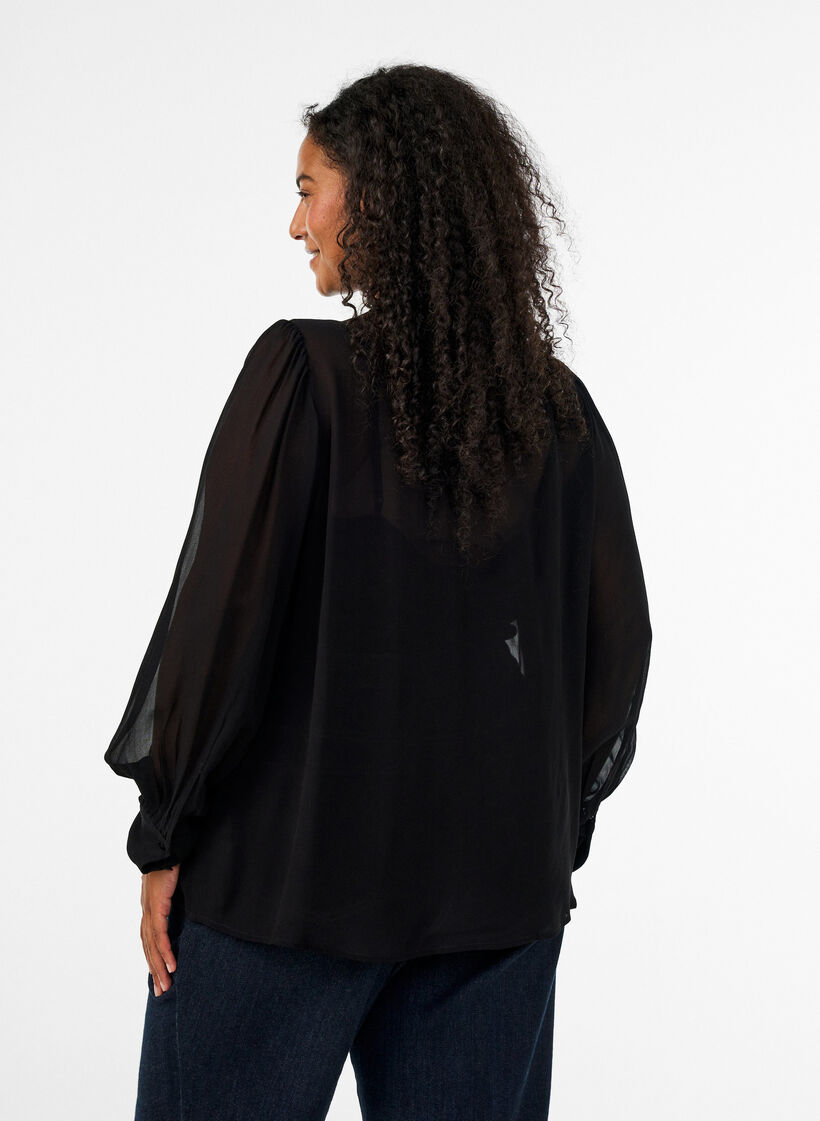 Viscose blouse with a ruffle collar, Black, Model image number 2