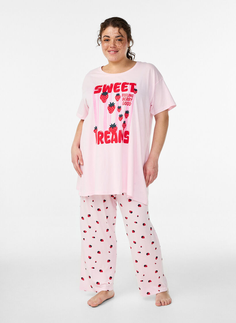 Pyjama trousers in soft jersey with high waist and fruit print, Rose, Model image number 0