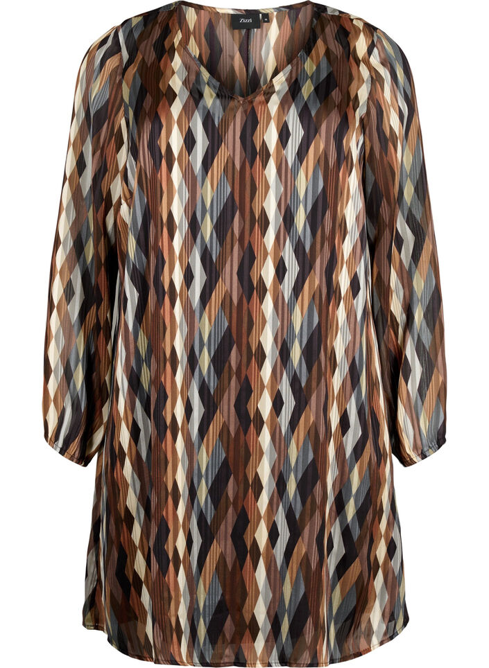 Long-sleeved dress with V-neck and print, Earthy Zig Zag, Packshot image number 0