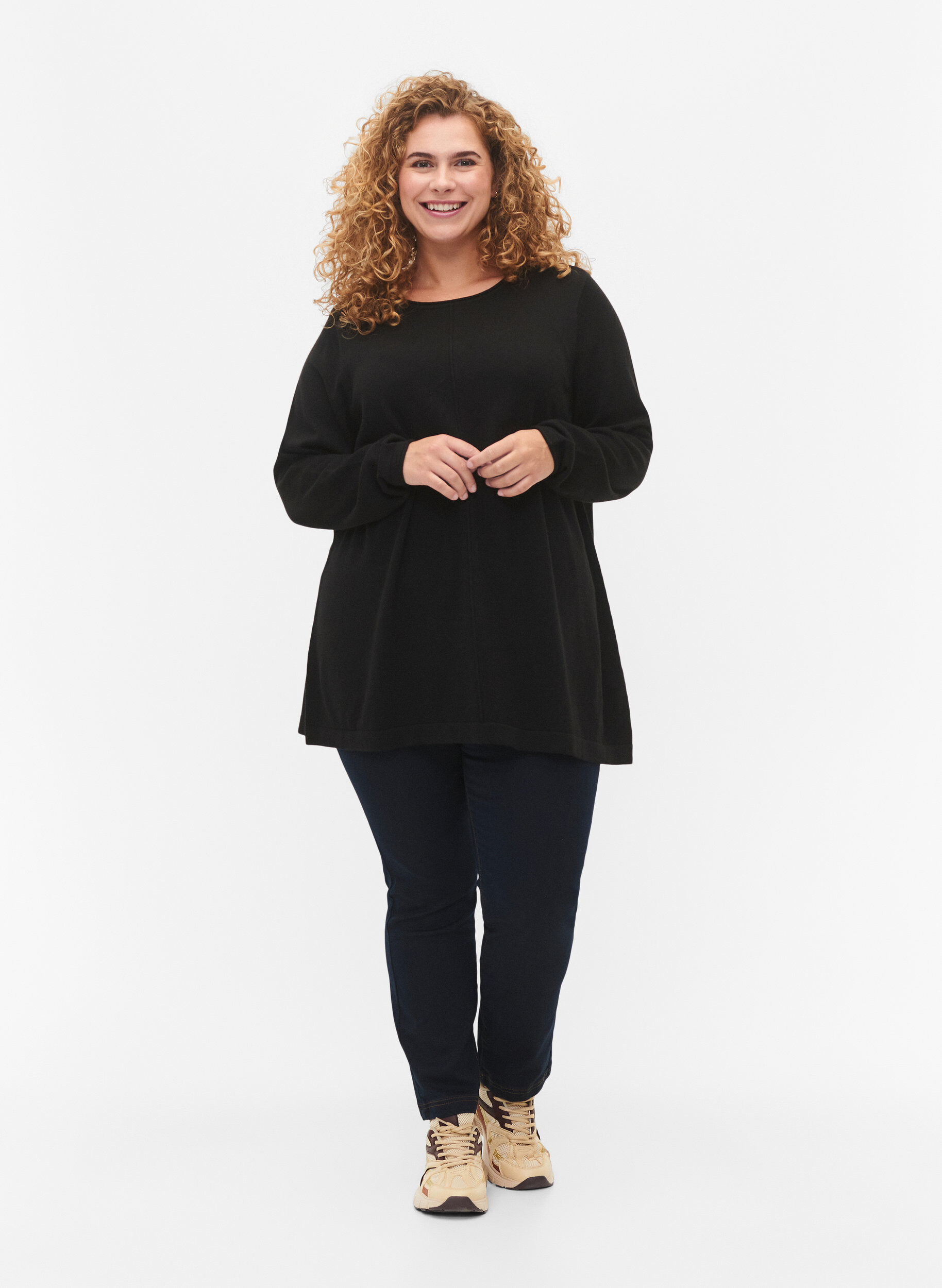 Zizzifashion Knitted blouse in cotton-viscose blend, Black, Model image number 1