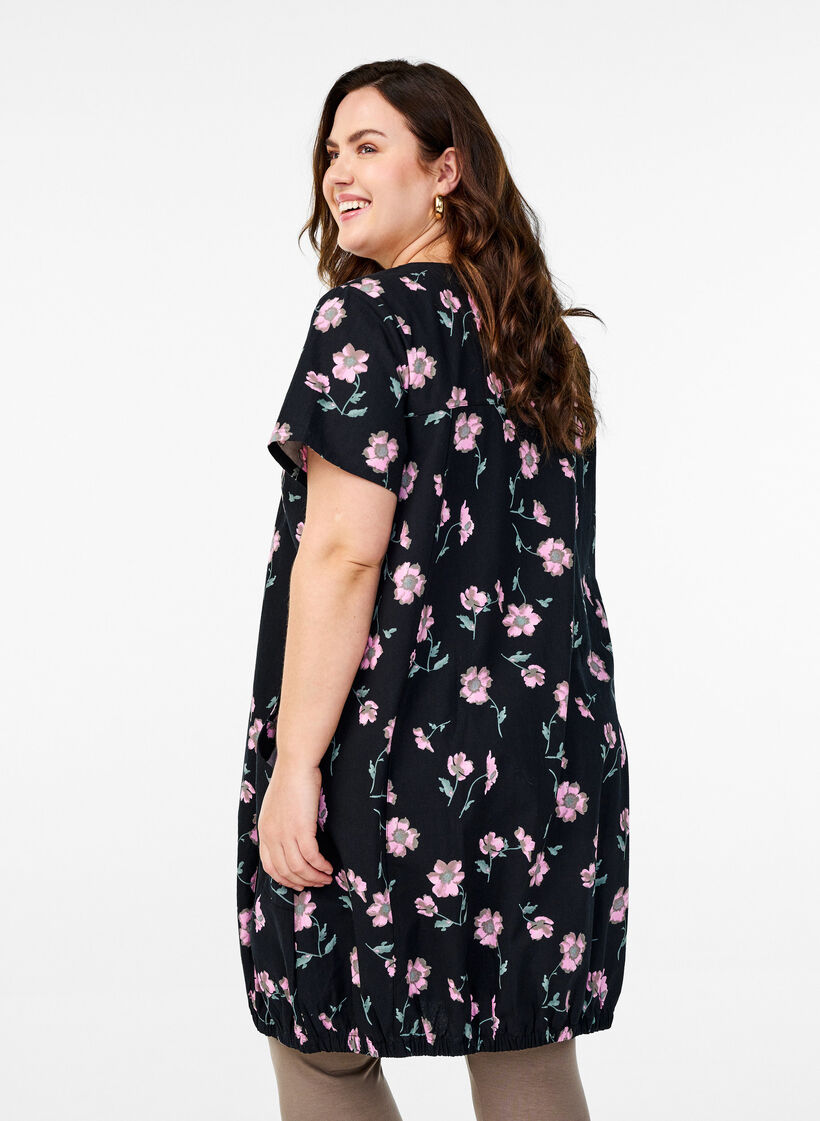 Short-sleeved cotton dress with print, Black, Model image number 2