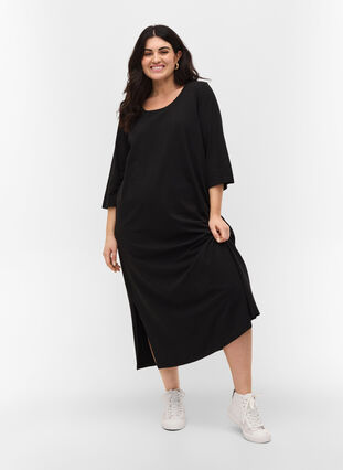 Cotton midi dress with slits, Black, Model image number 0