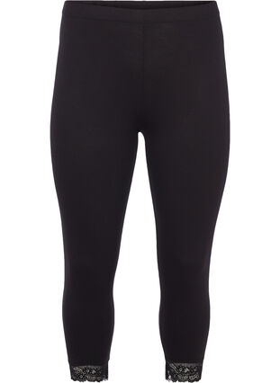 Basic 3/4 leggings with lace trim, Black, Packshot image number 0