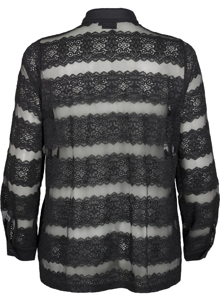 Loose shirt with lace and sheer mesh, Black, Packshot image number 1