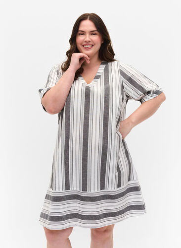 Striped cotton dress with short sleeves, Black Stripe, Model image number 0