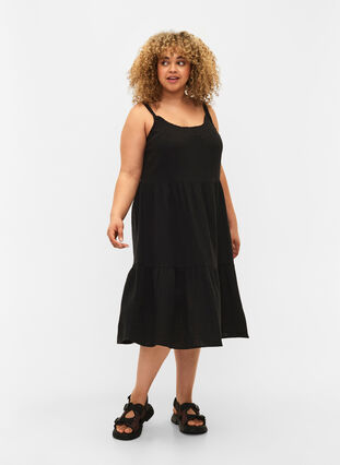 Plain cotton strap dress, Black, Model image number 2