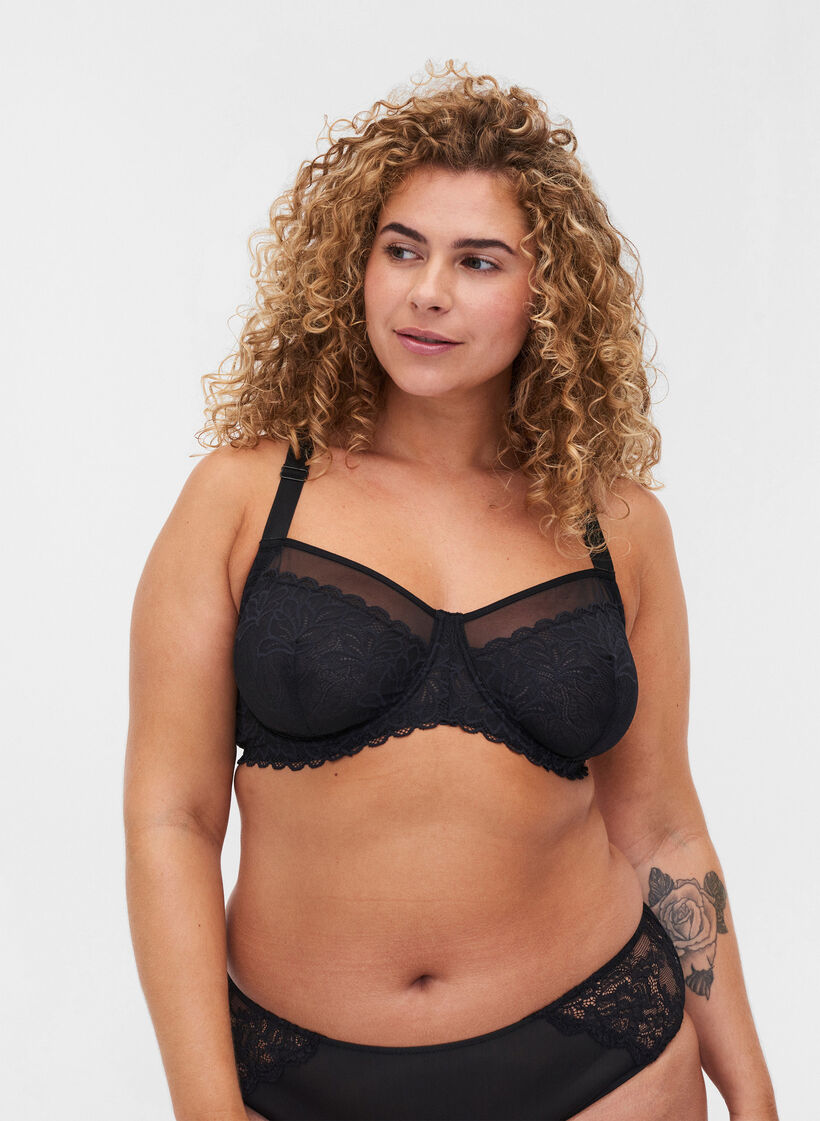 Lace bra with underwire and mesh details - Black - Sz. 85E-115H -  Zizzifashion