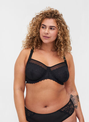 Lace bra with underwire and mesh details, Black, Model image number 0