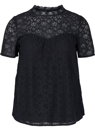 Short-sleeved lace blouse, Black, Packshot image number 0