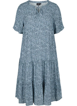Short-sleeved viscose dress with print, Blue Flower Mix, Packshot image number 0
