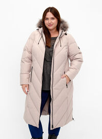 Long winter jacket with hood and faux fur collar, Simply Taupe, Model