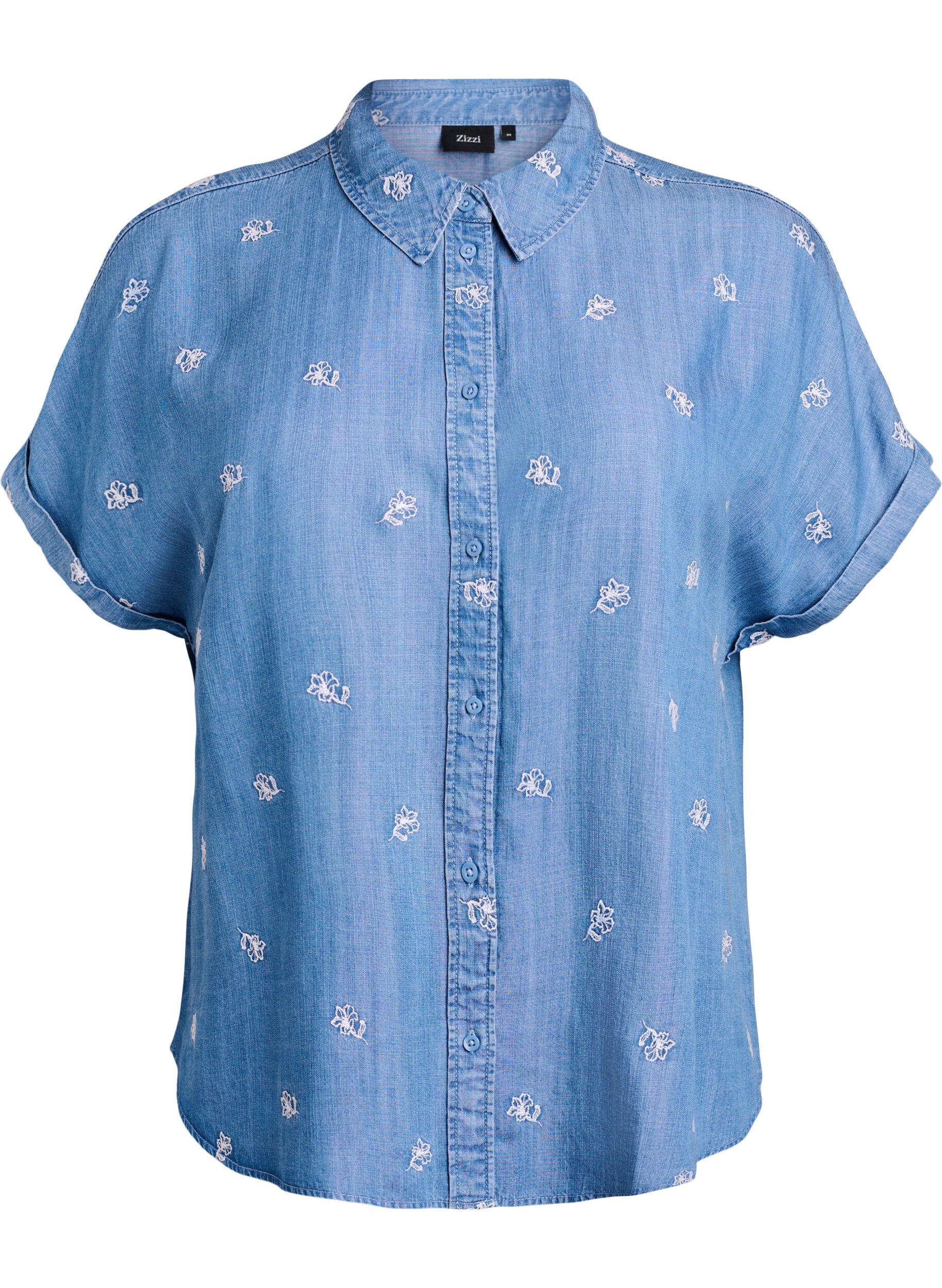ZizzifashionDenim-look lyocell shirt with floral embroidery, Light Blue, Packshot image number 0
