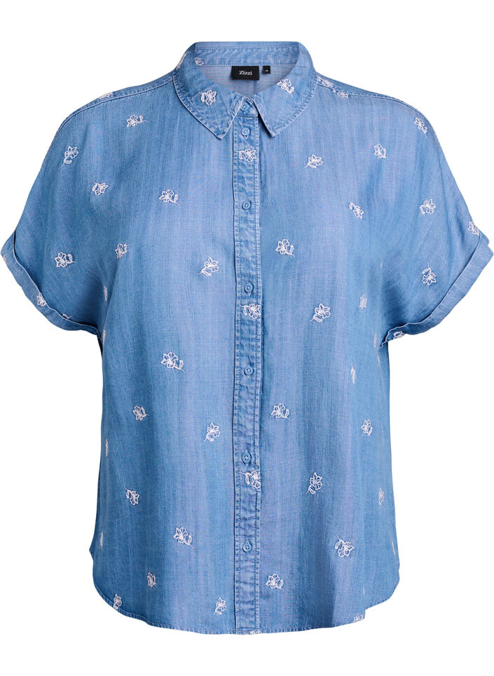 Denim-look lyocell shirt with floral embroidery, Light Blue, Packshot image number 0