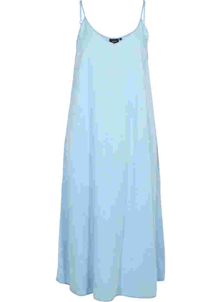 Long denim dress with thin straps, Light blue denim, Packshot image number 0