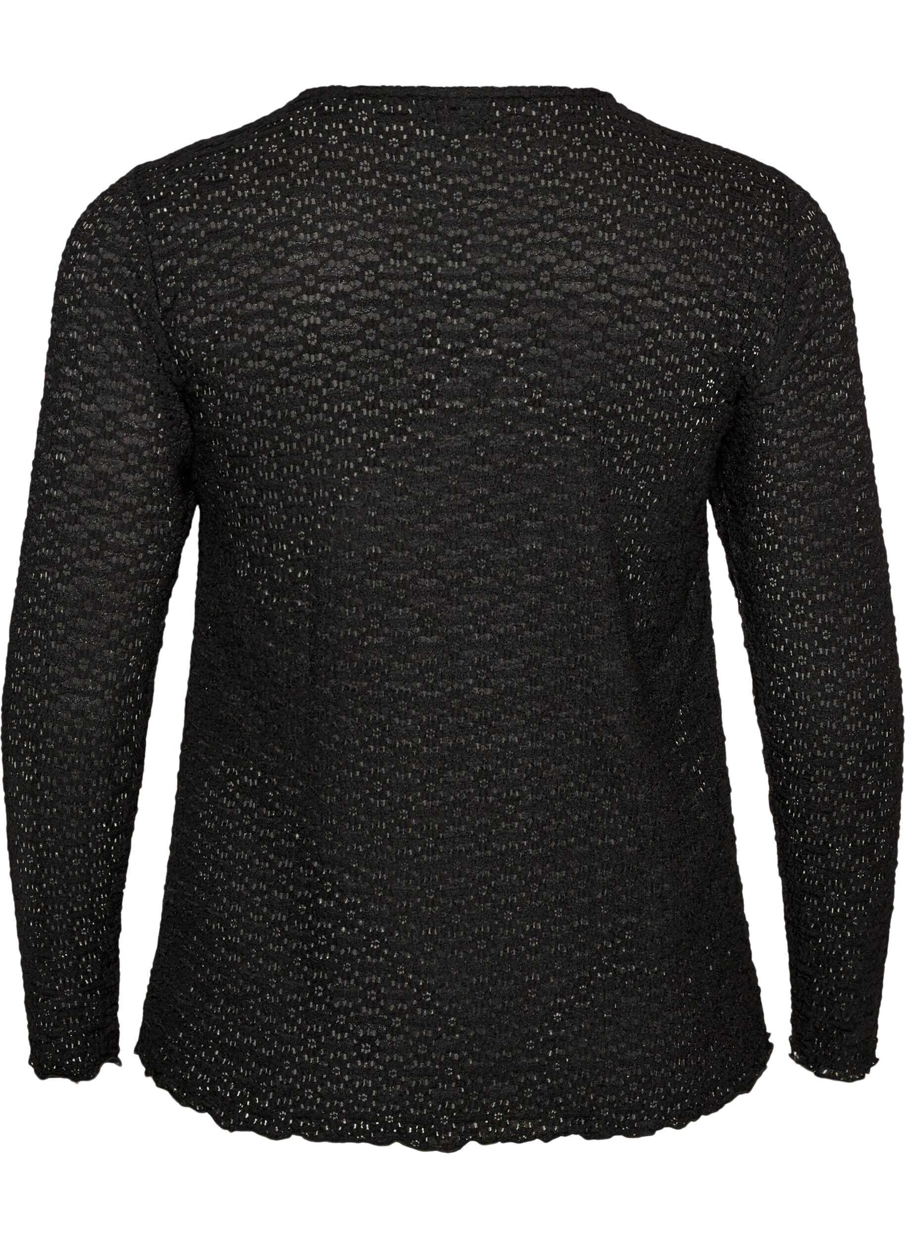 ZizzifashionBlouse with eyelet pattern and long sleeves, Black, Packshot image number 1