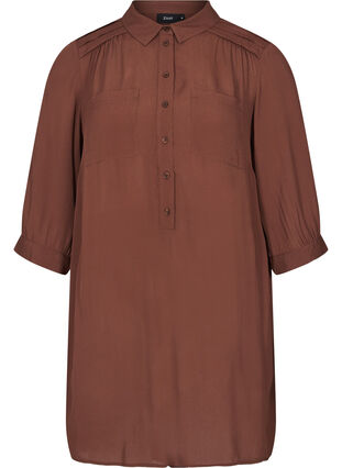 Viscose tunic with buttons and 3/4 sleeves, Rocky Road, Packshot image number 0
