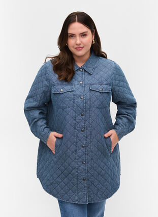 Jacket with pattern, buttons and pockets, Blue denim, Model image number 0