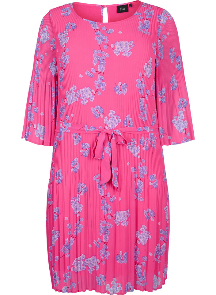 Printed pleated dress with tie string, Beetroot Purple AOP, Packshot image number 0