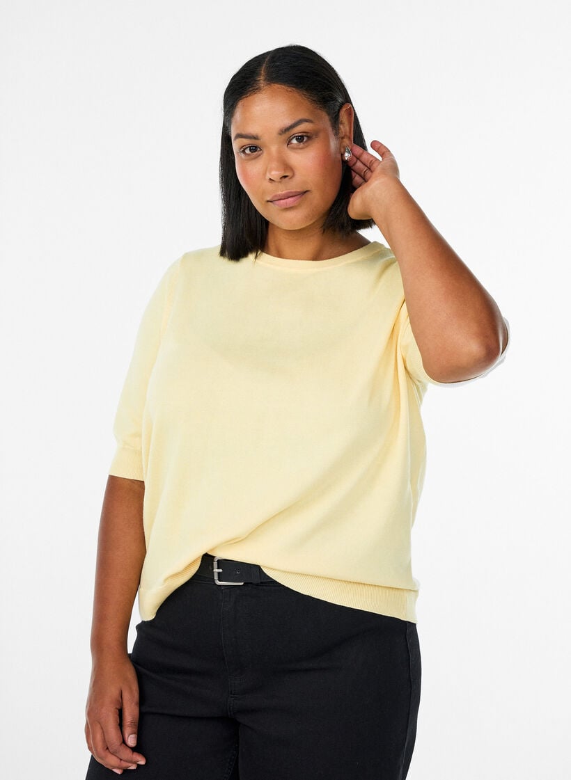 Fine-knit blouse with short sleeves, Yellow, Model image number 0