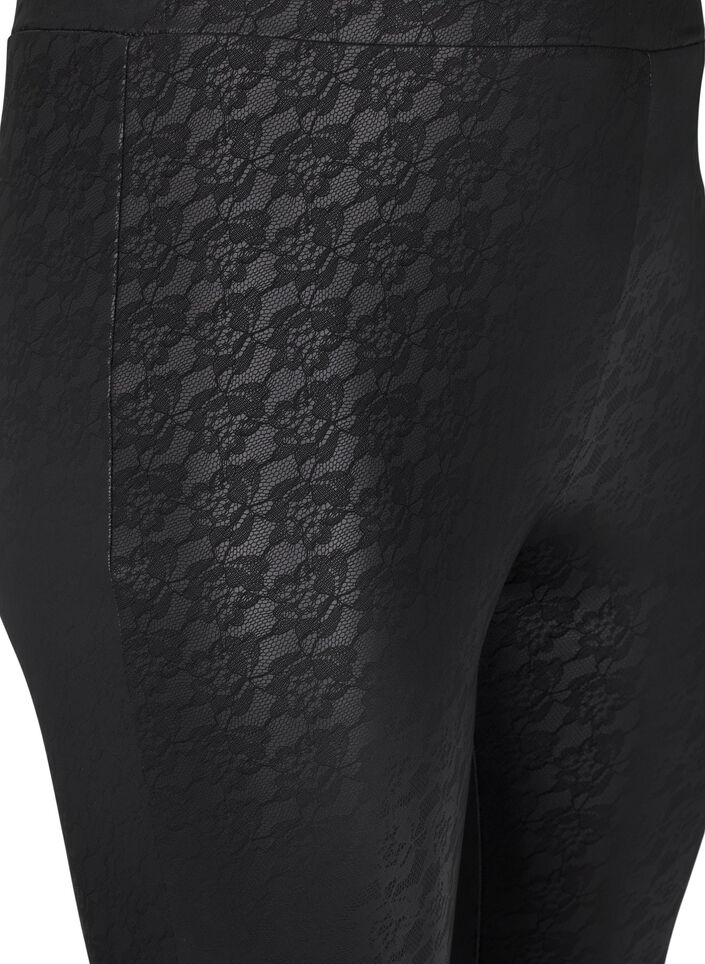 Faux leather leggings with lace texture, Black, Packshot image number 2
