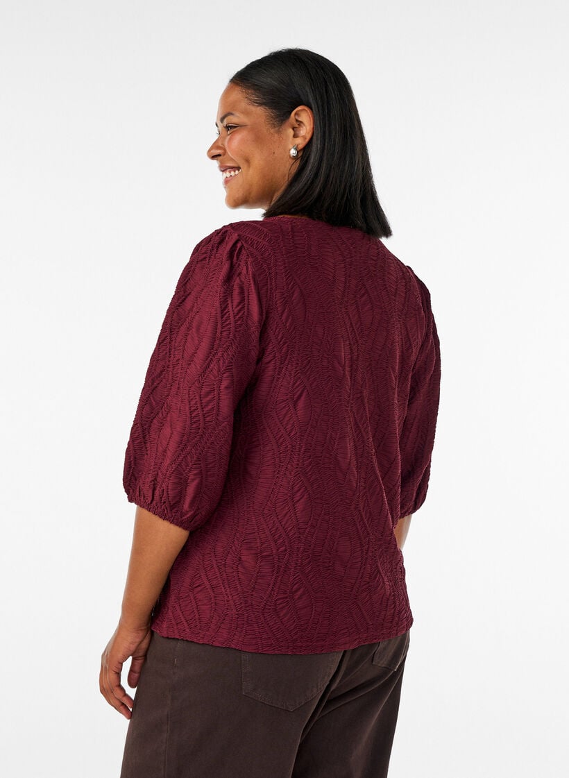 Blouse with texture and 3/4 sleeves, Red, Model image number 2
