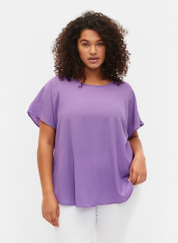 Blouse with short sleeves and a round neckline, Deep Lavender, Model image number 0