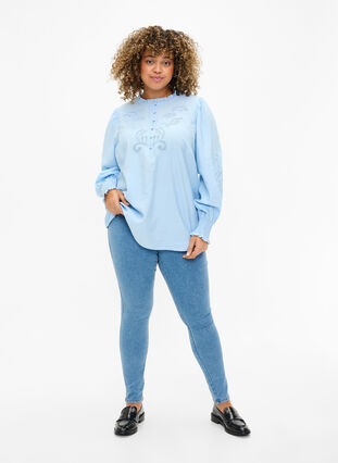 Blouse with ruffles and broderie anglaise, Chambray Blue, Model image number 2