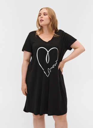 Short-sleeved cotton nightdress , Black W. Silver foil, Model image number 0