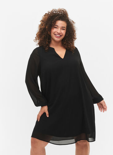 Long-sleeved dress with V-neck, Black, Model image number 0