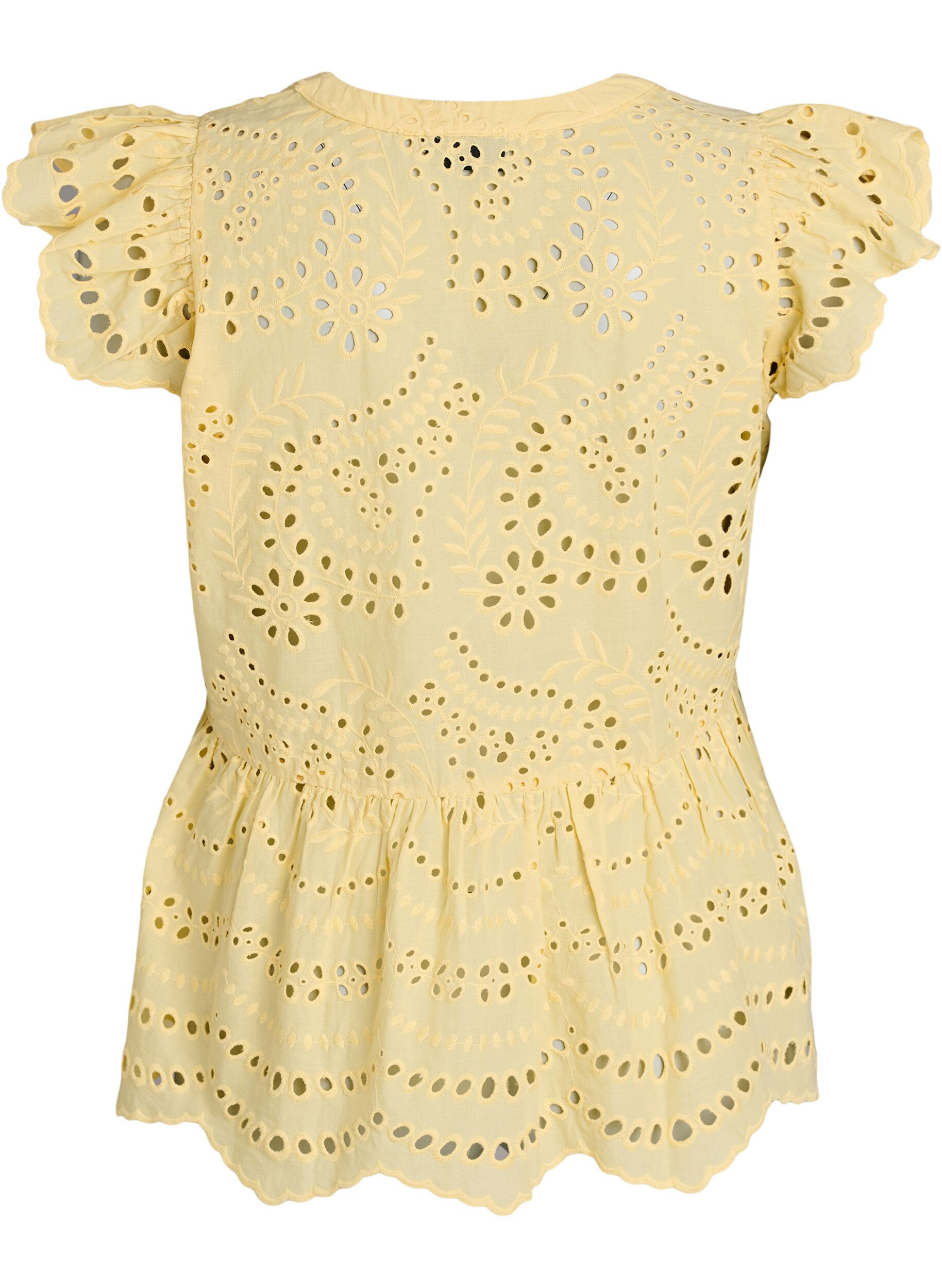 Zizzifashion Sleeveless broderie anglaise blouse with ruffles, Yellow, Packshot image number 1