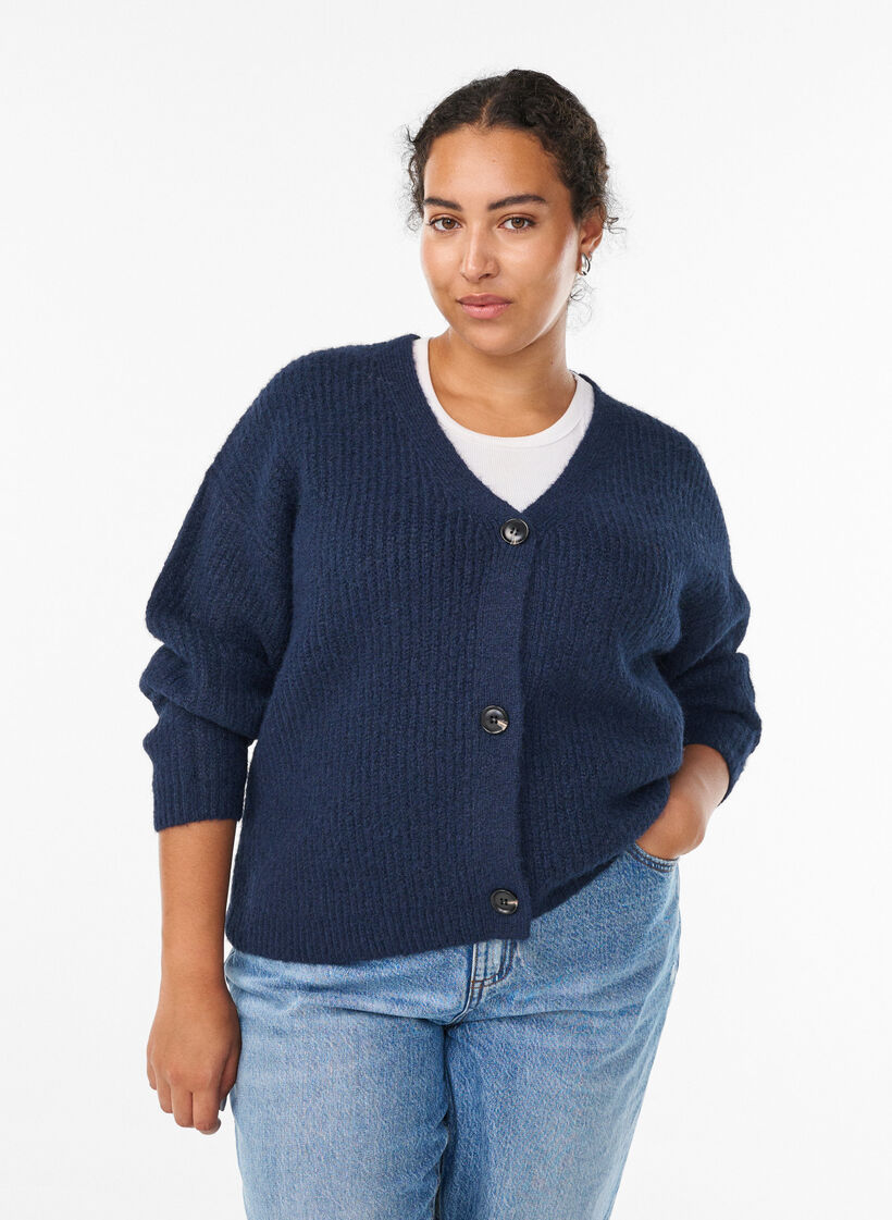 Knit cardigan with v-neck, Blue, Model image number 0