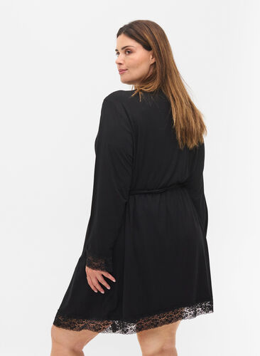 Viscose dressing gown with lace, Black, Model image number 1