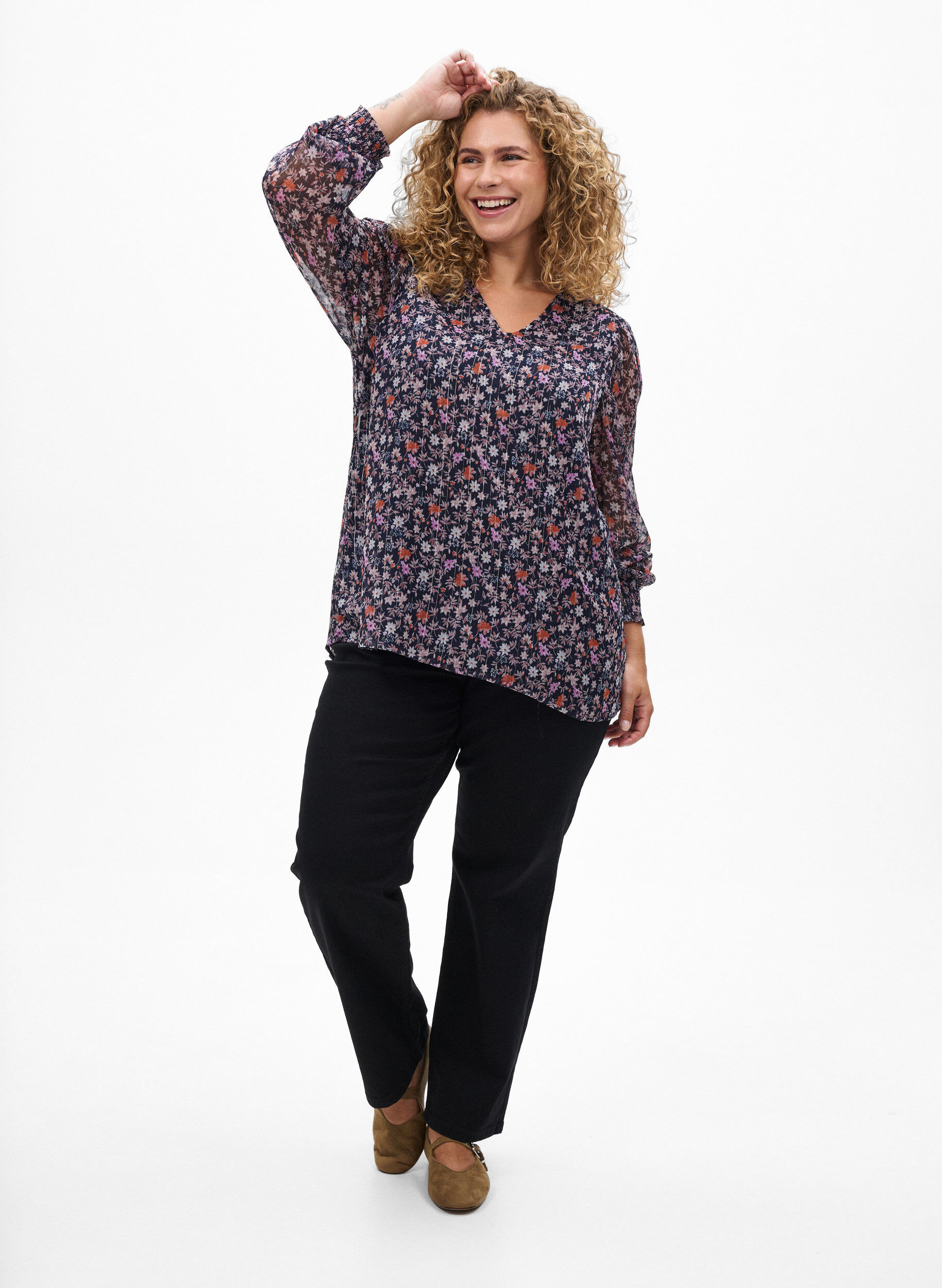 ZizzifashionBlouse with floral print and glitter thread, Blue, Model image number 1