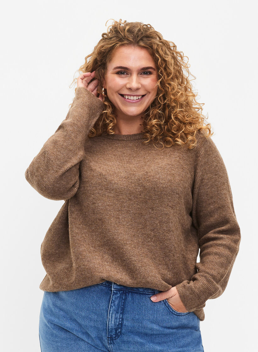 Melange sweater with round neck	, Caribou Mel., Model image number 0