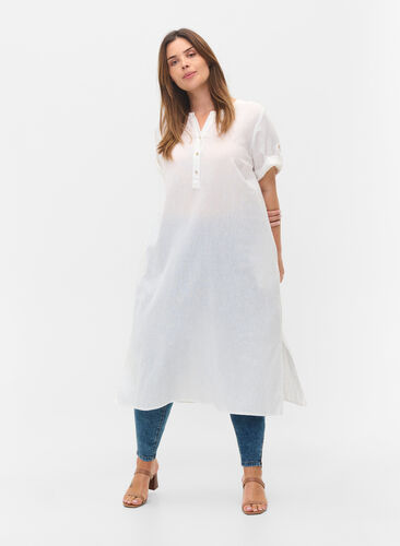 Long short-sleeved shirt dress, White, Model image number 2