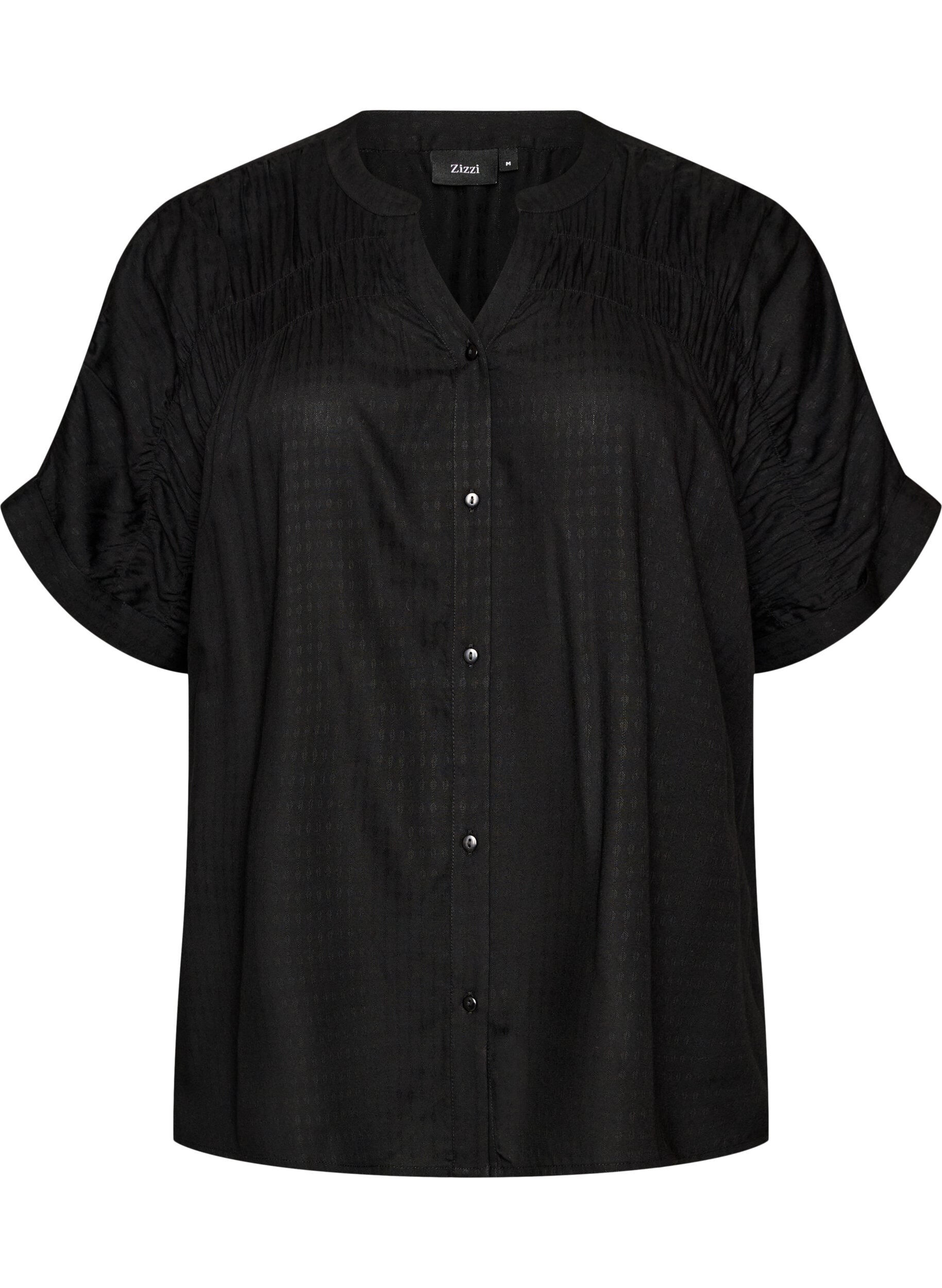 ZizzifashionViscose shirt with short sleeves and ruched detail, Black, Packshot image number 0
