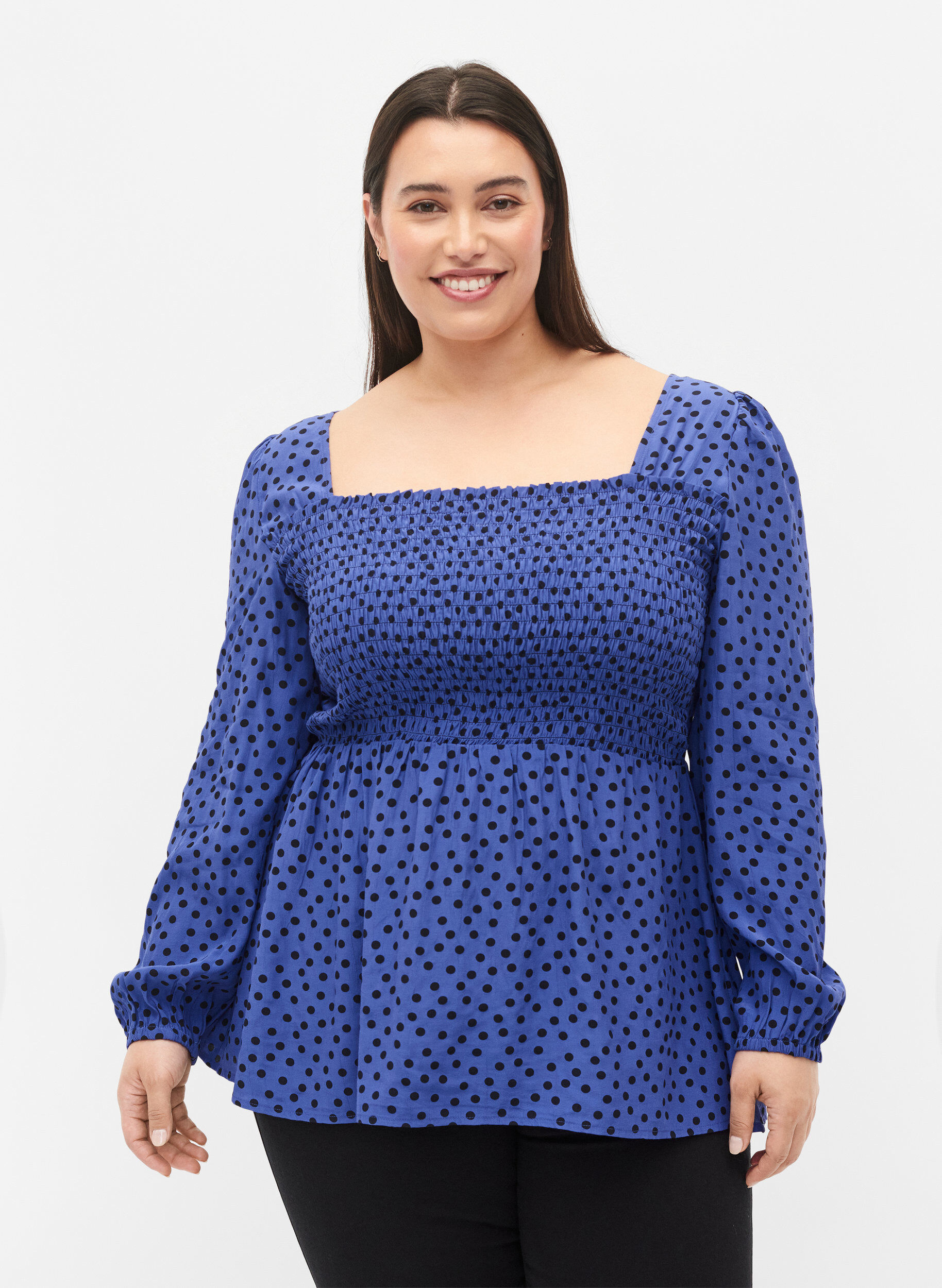 Zizzifashion Dotted viscose blouse with smock, R.Blue w. Black Dot, Model image number 0