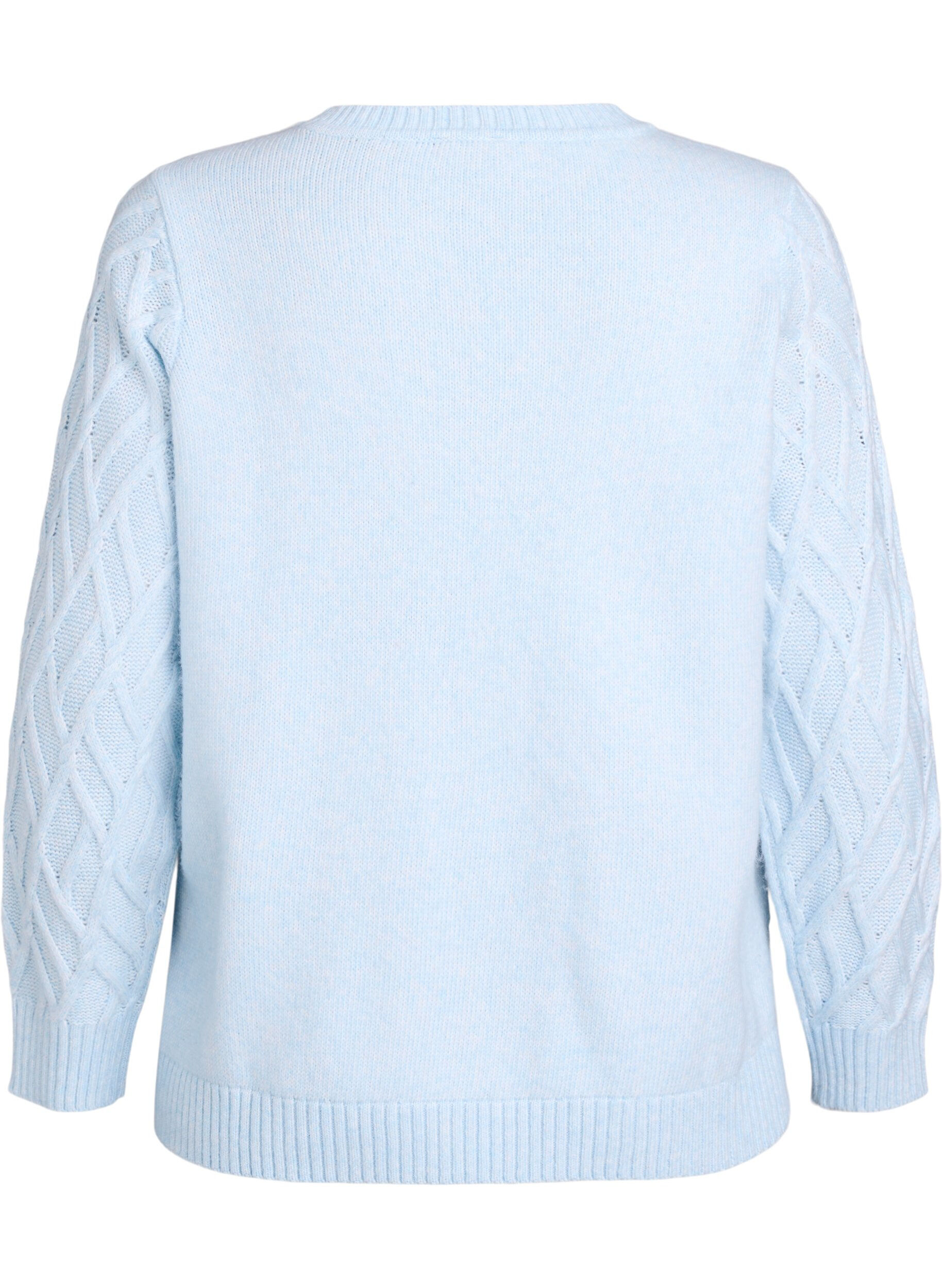 Zizzifashion Knit blouse with cable pattern and round neck, Light Blue, Packshot image number 1