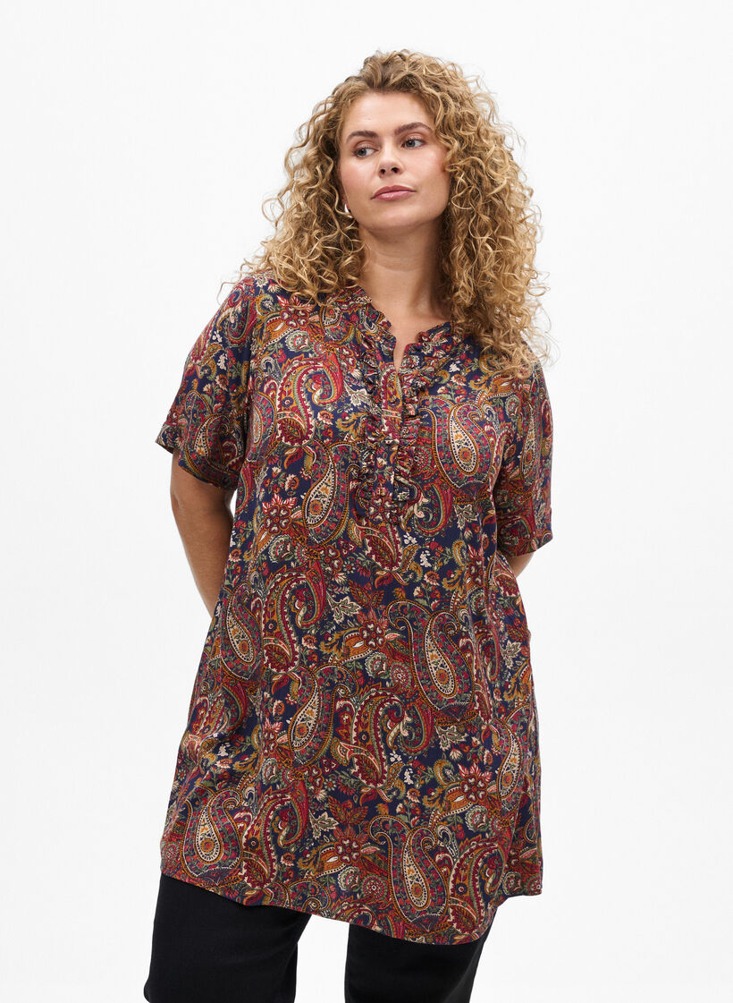 Tunic with short sleeves and paisley print, Blue, Model image number 0