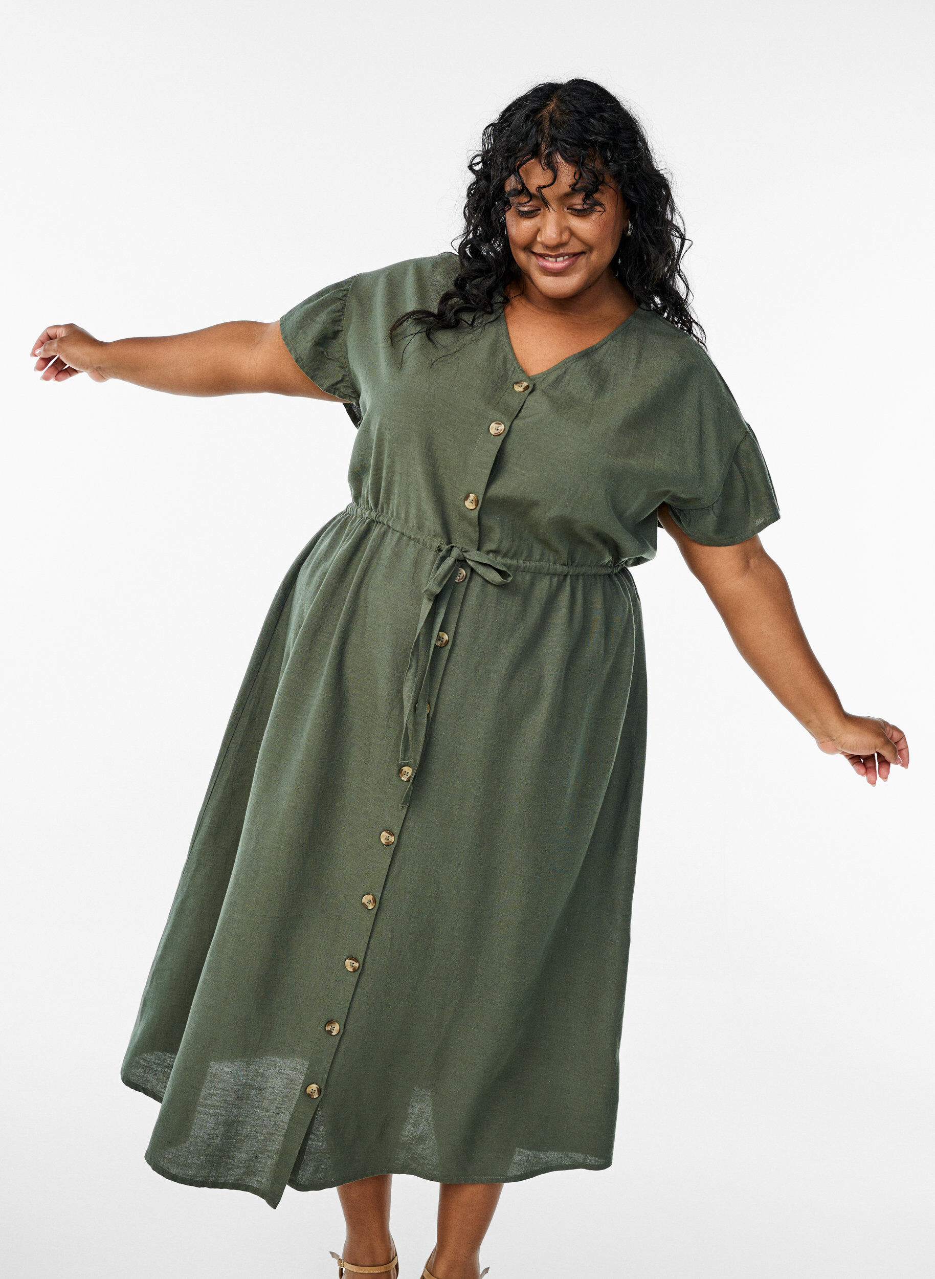 Zizzifashion Maxi dress with buttons and tie belt, Green, Model image number 3