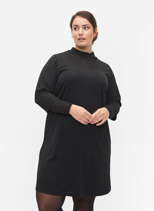 Plain dress with v neck and 3/4 sleeves - Black - Sz. 40-64 - Zizzifashion Plain dress with v neck and 3/4 sleeves - Black - Sz. 40-64 - Zizzifashion