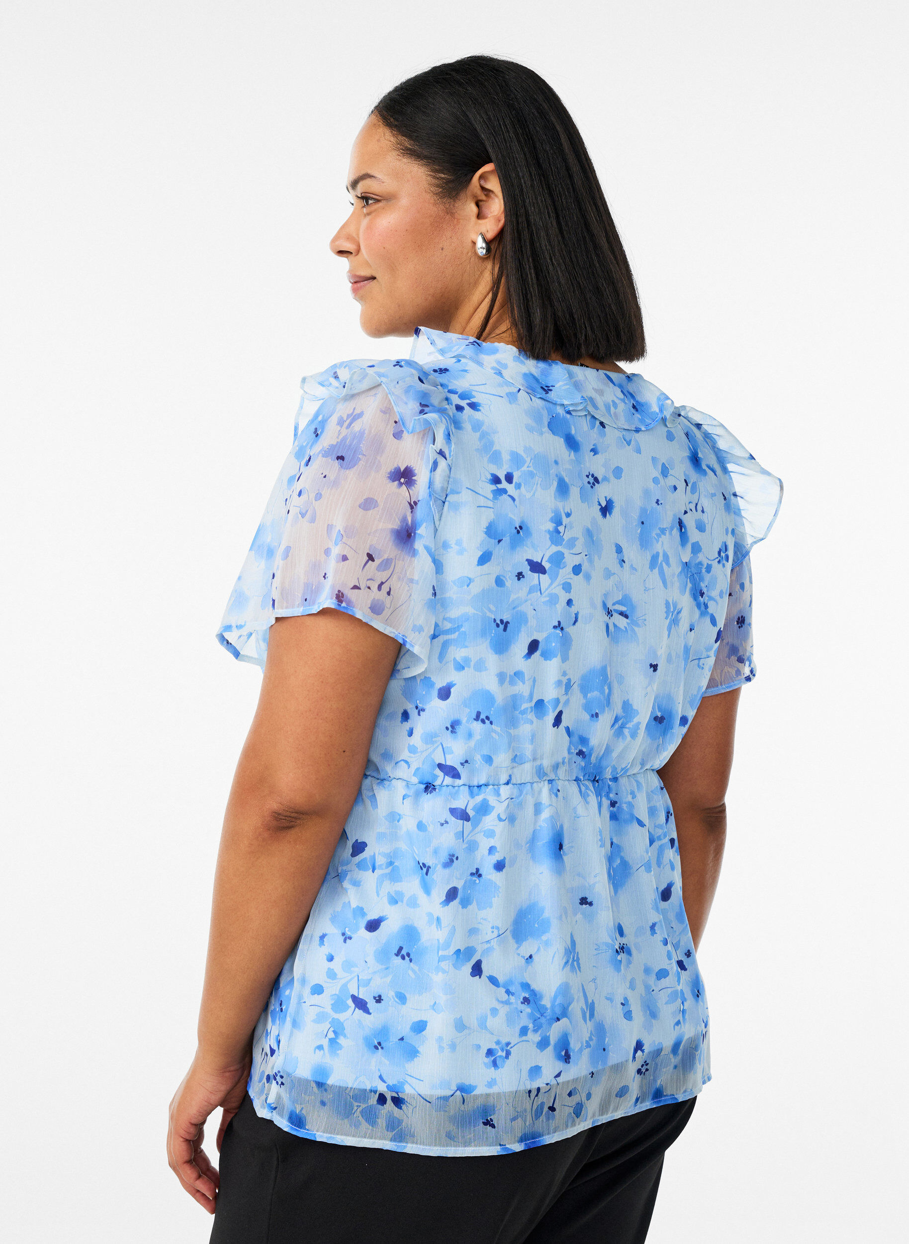 ZizzifashionFloral blouse with a frill collar and peplum effect, Blue, Model image number 2