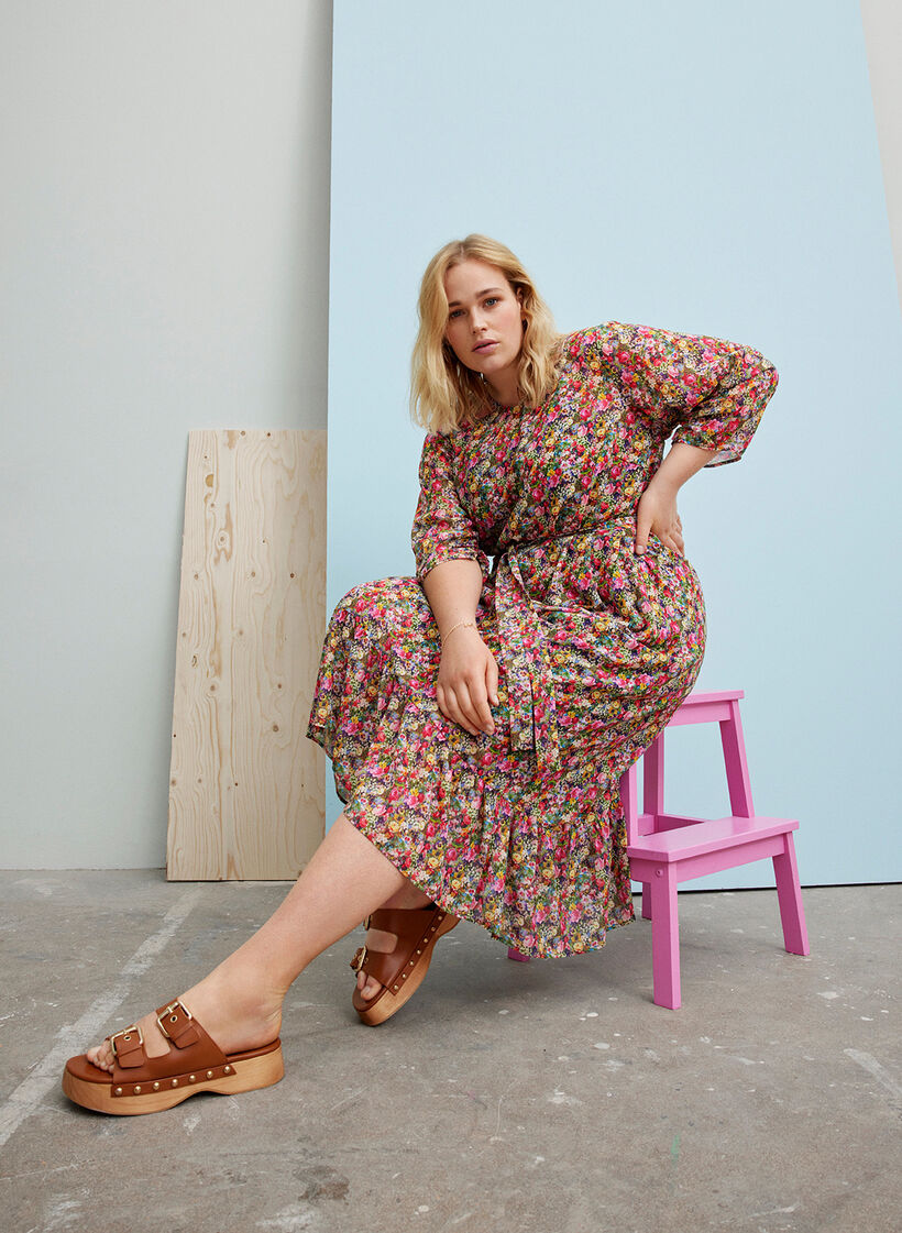 Floral midi dress with a tie belt in the waist, Pink Flower AOP, Image image number 0