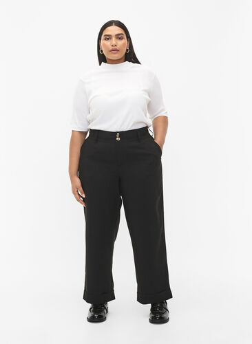High-waisted pants with fold-up, Black, Model image number 0
