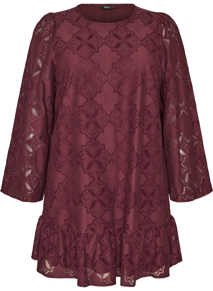 Lace dress with long sleeves and ruffle hem, Dark Bordeaux, Packshot image number 0