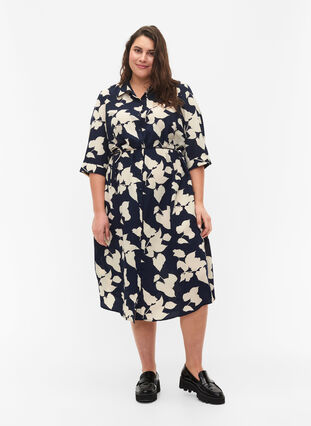 FLASH - Shirt dress with print, Blue White Flower, Model image number 0