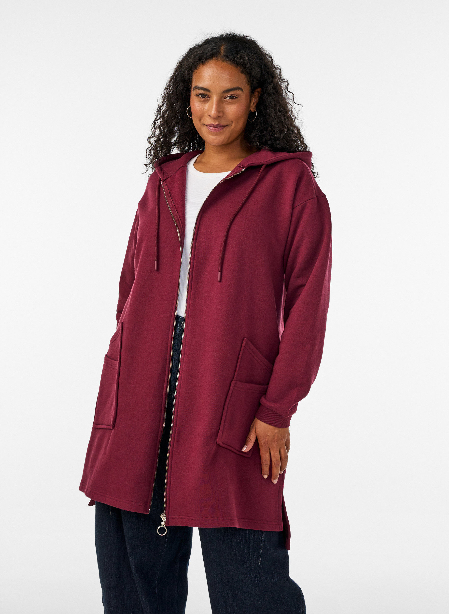 ZizzifashionLong hooded cardigan with zipper, Red, Model image number 0