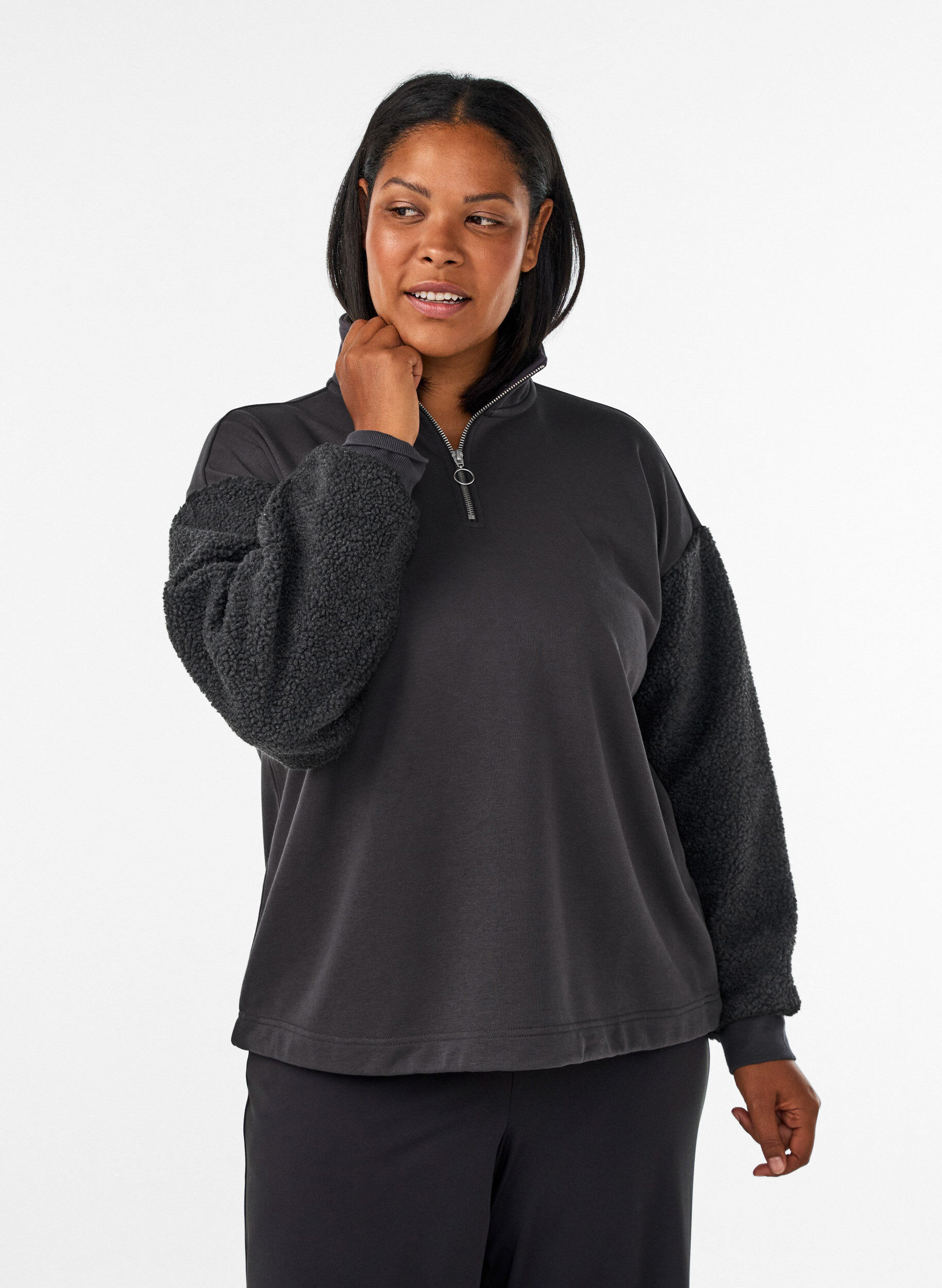 Sweatshirt with teddy sleeves and a high neck, Dark Grey, Model