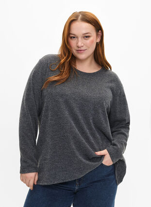 Melange blouse with round neck and long sleeves, Dark Grey, Model image number 0